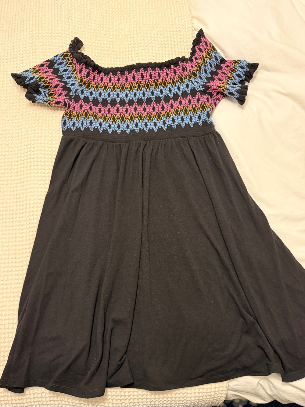 torrid Black Knit Dress with Pink, Blue & Gold Smocked Yoke